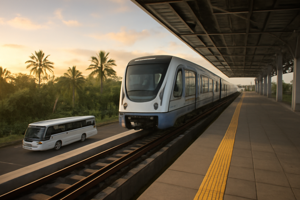 Kereta commuter tiba di stasiun dekat bandara Bali dengan shuttle bus menunggu di area parkir