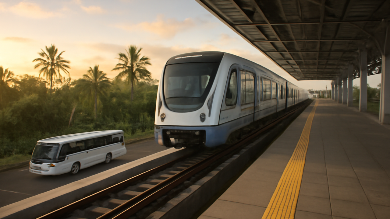 Kereta commuter tiba di stasiun dekat bandara Bali dengan shuttle bus menunggu di area parkir