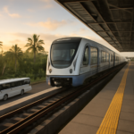 Kereta commuter tiba di stasiun dekat bandara Bali dengan shuttle bus menunggu di area parkir