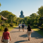 Area terbuka GWK Bali dengan jalur pejalan kaki dan patung batu di kejauhan pada pagi hari
