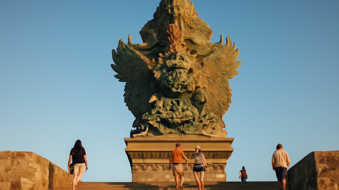 Patung Garuda Wisnu Kencana dilihat dari plaza tangga pada pagi hari