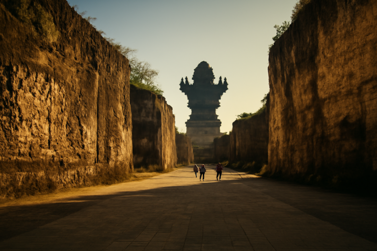 Area plaza terbuka di GWK Bali dengan dinding batu kapur dan patung menjulang di kejauhan pada sore hari