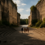 Tribun amphitheater berundak dengan dinding batu kapur di area wisata budaya Bali