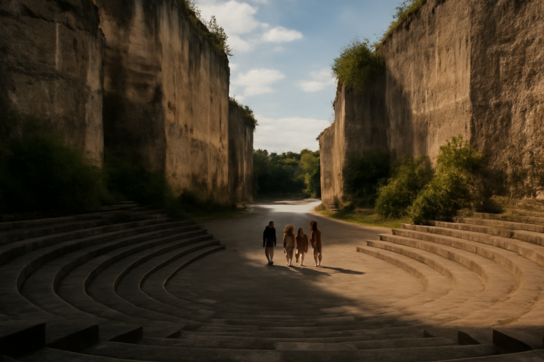 Tribun amphitheater berundak dengan dinding batu kapur di area wisata budaya Bali