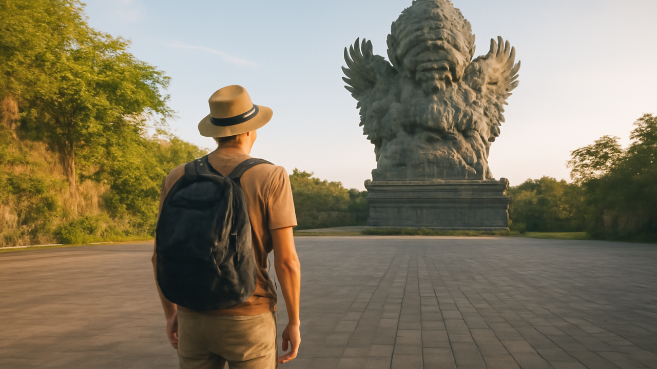 Pengunjung pertama kali melihat patung Garuda Wisnu Kencana dari plaza terbuka