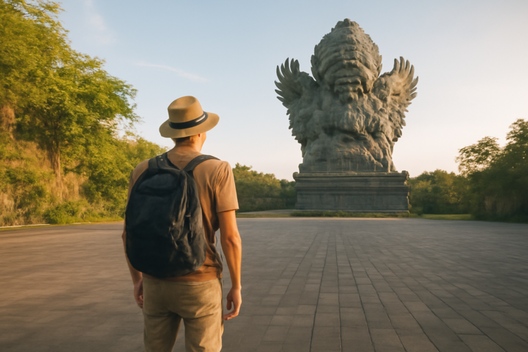 Pengunjung pertama kali melihat patung Garuda Wisnu Kencana dari plaza terbuka