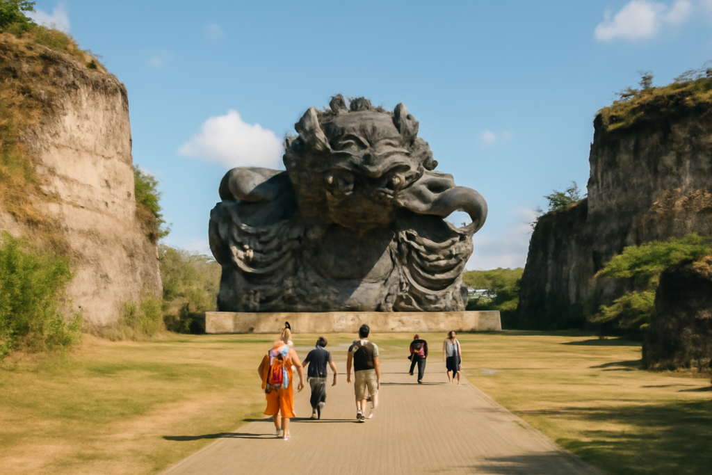 Patung Garuda Wisnu Kencana menjulang di tengah taman budaya GWK Bali dengan pengunjung berjalan di jalur berbatu