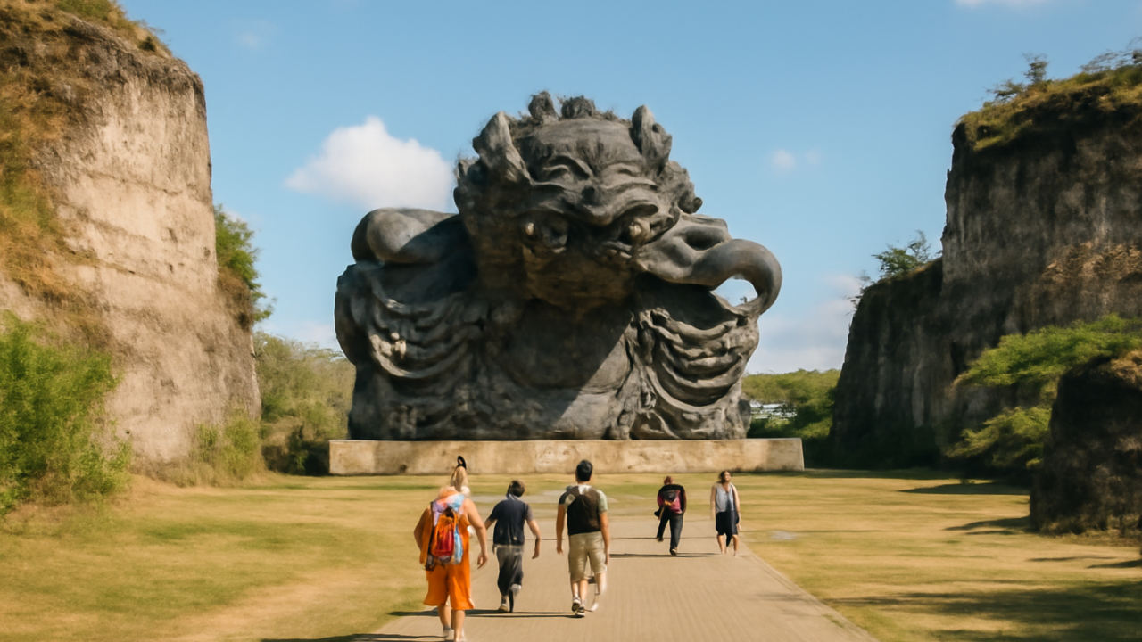 Patung Garuda Wisnu Kencana menjulang di tengah taman budaya GWK Bali dengan pengunjung berjalan di jalur berbatu