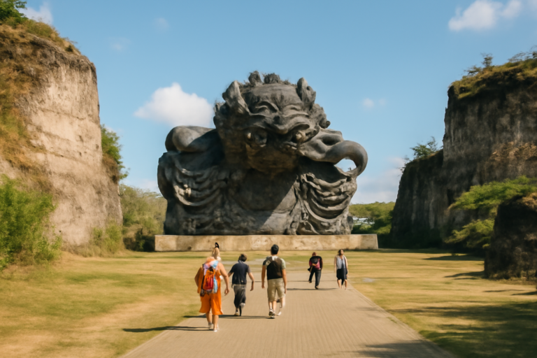 Patung Garuda Wisnu Kencana menjulang di tengah taman budaya GWK Bali dengan pengunjung berjalan di jalur berbatu